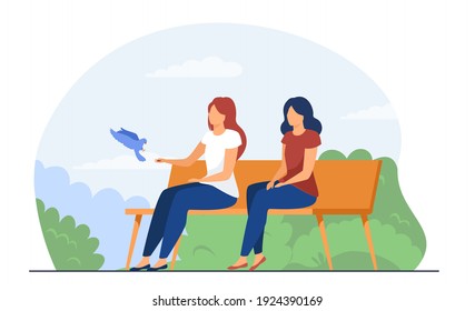 Two women sitting on bench and feeding bird. Park, nature, relaxation flat vector illustration. Leisure and weekend concept for banner, website design or landing web page