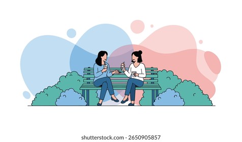 Duas mulheres sentadas em um banco em um parque conversando e compartilhando histórias juntas
