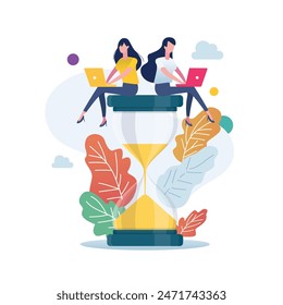 Two women sitting on an hourglass and working on laptop. Deadline and time management concept. Flat style vector illustration.