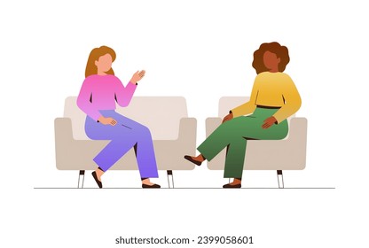 Two women sitting on a sofa, having a conversation, talking, gossiping, gradient flat vector art