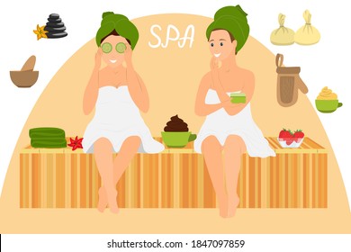 Two women are sitting on a wooden bench in the sauna. Beauty treatments in the spa salon. Relaxation, body care, health restoration together. A set of items for cosmetology.