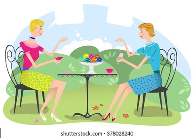 Two women sitting in an outdoor cafe, having coffee and cookies, talking to each other; speech bubbles left blank for your text (Fifties retro style)