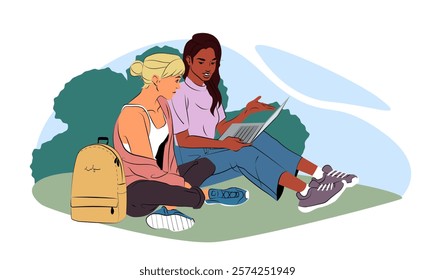 Two women sitting outdoors on grass, one showing something on a laptop, with a yellow backpack nearby, in a creative vector style, education concept. Vector illustration.