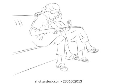 two women sitting and reading their smartphone, simple hand draw outline sketch
