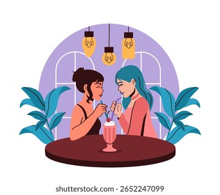 Two women sitting at a round table sharing a milkshake with straws, cartoon style, indoor background with plants and hanging lights, concept of love and bonding. Vector illustration