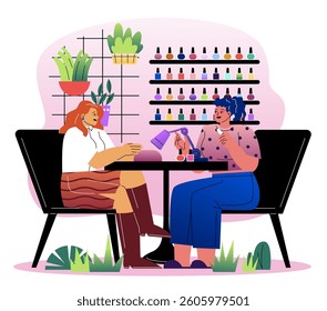 Two women sitting at a salon table during manicure session, colorful nail polish bottles on shelves, plants around, on white background. Concept of beauty care. Vector illustration