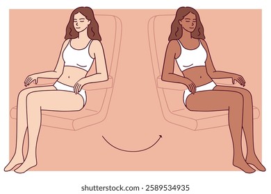 Two women sitting side by side in lounge chairs, one with a fresh tan from sunbathing or a tanning session. The contrast between their skin tones highlights the effects of sun exposure. 