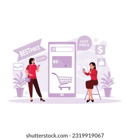 Two women are sitting and standing, opening smartphones, and opening an online retail business omni channel application. Trend Modern vector flat illustration.