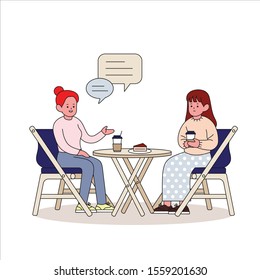 Two women are sitting at a table in a cafe and chatting. hand drawn style vector design illustrations. 
