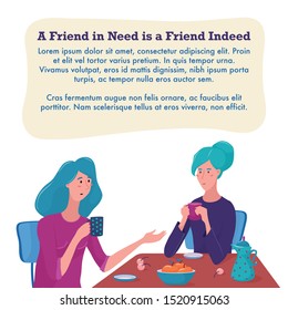 Two women sitting at the table drinking tea, one talking another listening. Psychological help center banner, flyer template design, flat style vector illustration on white background
