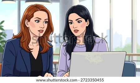 Two women are sitting at a table with a laptop in front of them. They are discussing something important