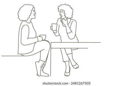 Dos mujeres están sentadas en una mesa, una de ellas sostiene una taza. La escena es tranquila y apacible: las mujeres están disfrutando de la compañía de la otra. Ilustración vectorial dibujada a mano Blanco y negro.