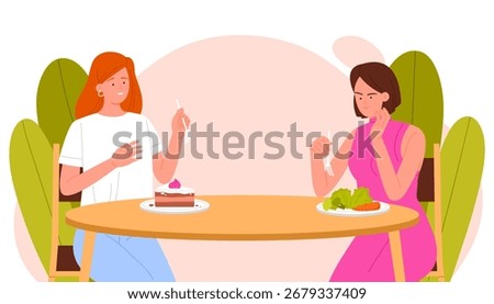 Two women sitting at a table, one enjoying cake while the other looks envious with a plate of salad, highlighting food jealousy and dietary differences, vector illustration