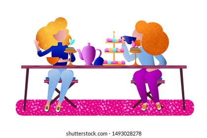 Two women are sitting at table, talking, eating sweets and drinking tea. People vector illustration drown in vivid gradients. Bright yellow, purple, violet, blue colors. 