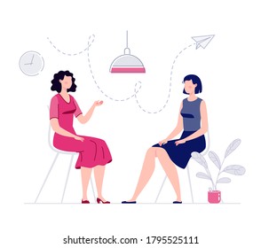 Two women are sitting and talking. Psychologist and client. Psychologist consultation. Psychotherapist. A session of psychotherapy. Vector illustration in flat cartoon style.