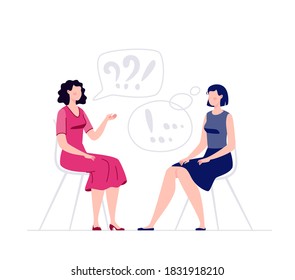 Two women are sitting and talking. Psychologist and client. Psychologist consultation. Psychotherapist. A session of psychotherapy. Vector illustration in flat cartoon style.