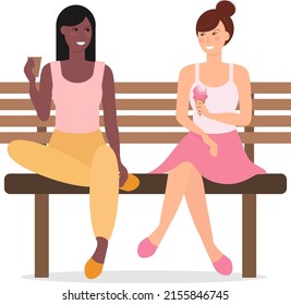 Two women sitting together on bench vector illustration. Female holding cups drinking tea or coffee, eating icecream. Girlfriends communicating, resting outdoor in a park. Summer or love concept.