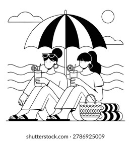 Two women sitting under beach umbrella with drinks sunglasses