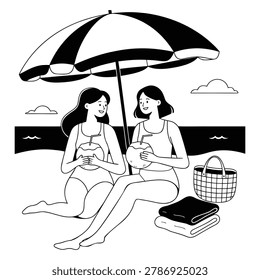 Two women sitting under beach umbrella with coconuts beach bag