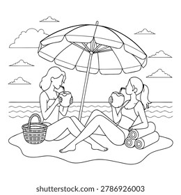 Two women sitting under beach umbrella drinking coconut beach towel