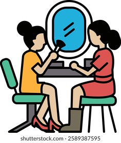 Two women are sitting at a vanity table, one of them is applying makeup