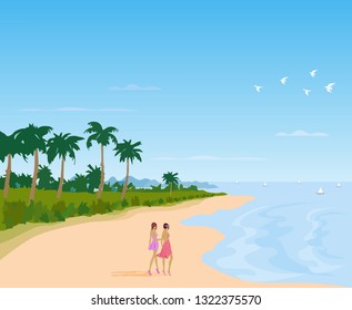 Two women in a skirt Walking on a long beach There is a lawn and sea background.