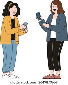 Two women are smiling and holding smartphones. They are casually dressed and appear to be enjoying a conversation.
