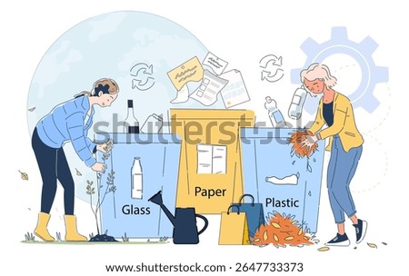 Two women sorting waste into glass, paper, and plastic bins, cartoon style on a white background with a globe, promoting recycling and environmental awareness. Vector illustration