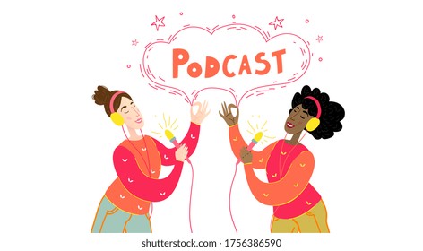 Two women speaking in microphones. White and black women leading podcast, broadcast o interview  dialogue with headphones.Vector illustration banner with isolation background in a flat cartoon style