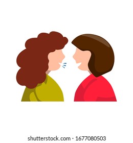 Two women speaking at a short distance, colorful vector icon on white background. Keeping social distance. Coronavirus or COVID pandemic healthcare tip. Flu or cold infection spread in public place 