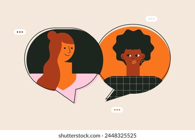 Two women with a speech bubble. Expressing opinion, communication concept. Diverse. Portrait of beautiful girls talking, saying. Attractive female face. Flat vector illustration