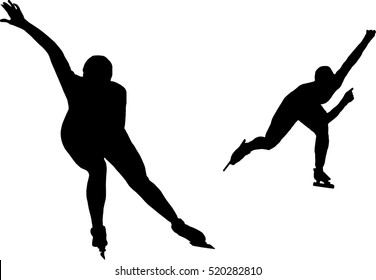 two women speed skaters black silhouette on white background