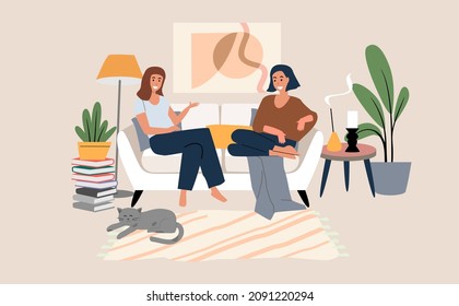 Two women spending time together on sofa. Vector Interior with characters