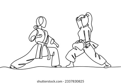 Two women stand in different fighting stances. Taekwondo. World Taekwondo Day. One line drawing for different uses. Vector illustration.