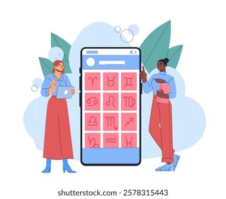 Two women stand near a giant phone screen displaying zodiac symbols. Flat style on a bright background. Concept of astrology, horoscope app. Vector illustration