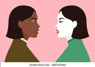 Two women stand in profile. Sisterhood. Community of girls of different nations. Vector flat illustration