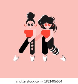 Two women stand side by side and hold hands. Strong and brave girls support each other. Sisterhood and females friendship. Vector illustration.