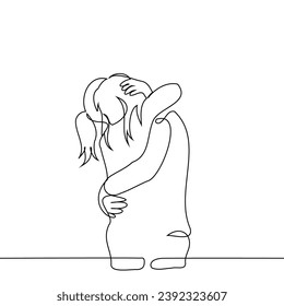 two women stand tightly hugging - one line art vector. concept of a couple of lovers hugging, meeting, farewell