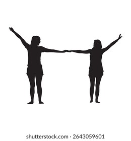 Two Women Standing with Arms Outstretched Holding Hands Silhouette