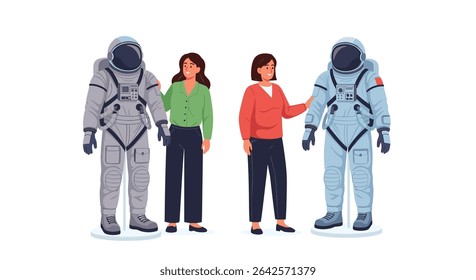 Two Women Standing Between Spacesuits in a Science Museum Exhibition of Exploration