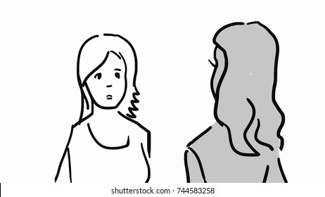 Two women are standing facing each other and talking. Dialogue between a young women. Black and white vector sketch. Simple drawing.