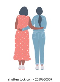 Two women are standing and hugging. Back view. These can be girlfriends or a mother and daughter. The concept of friendship, support, respect, good relationship. Vector illustration