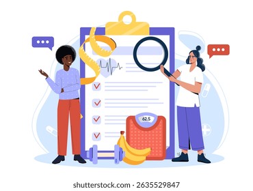 Two women standing near a large health checklist with icons of healthy lifestyle, including weight scale, fruits, dumbbells on a white background. Concept of wellness. Vector illustration