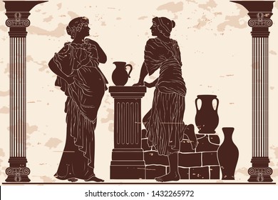 Two women are standing near the parapet with jugs and talking. Vector image in ancient greek style.