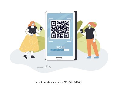 Two women standing next to big smartphone with QR code on screen. Girls paying by scanning barcode flat vector illustration. Technology, information, internet concept for banner or landing web page