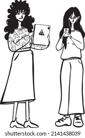 two women standing next to each other with gadgets