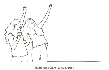 Two women are standing next to each other, one of them holding a drink. They are both smiling and seem to be enjoying themselves. Hand drawn vector illustration. Black and white.