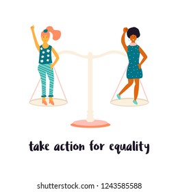 Two women standing on scales. Feminine concept and woman empowerment design for banners, social media. Take action for equality slogan.