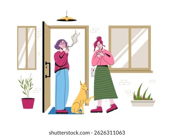 Two women standing outside house smoking cigarettes, dog sitting near entrance. Lifestyle casual social interaction. Health risk habit awareness topic. Flat vector illustration.