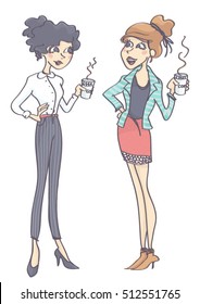Two women standing and talking, each one holding a hot drink. Female coworkers having a coffee break.